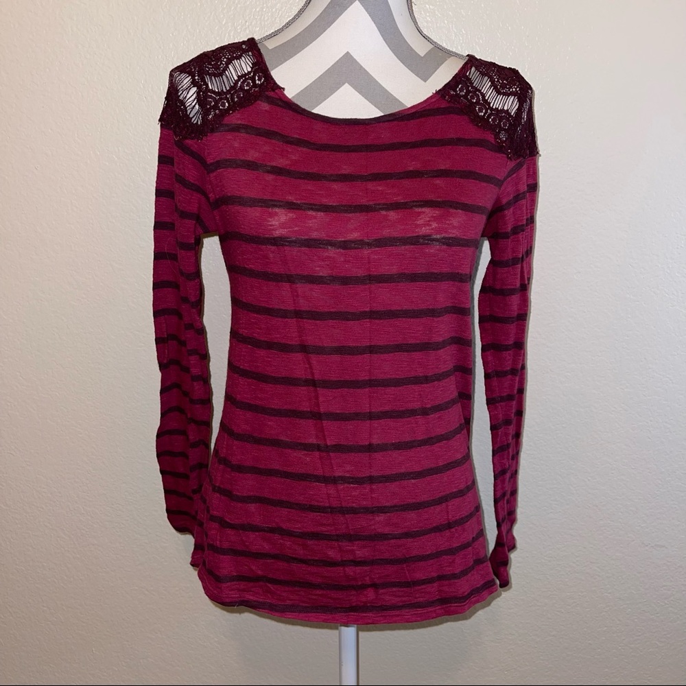 LC Lauren Conrad Red & Burgundy Striped Long Sleeve Top with Lace Shoulder Trim